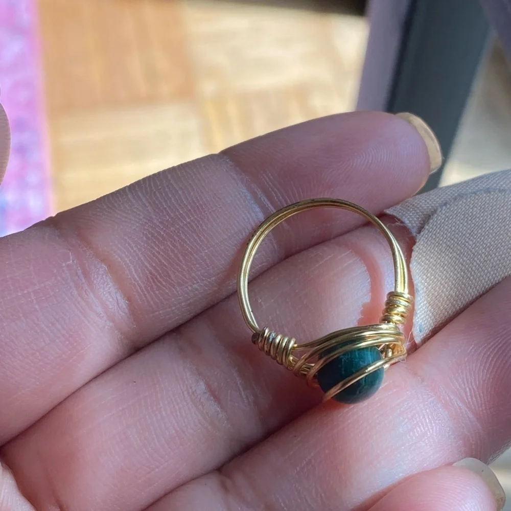 Elegant Gold Wire Wrapped Ring with Green Stone